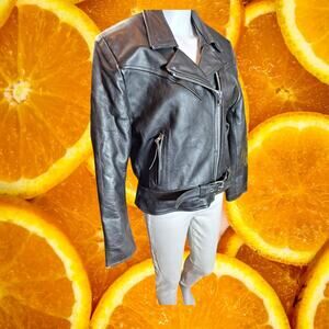 First Men's Black Vintage Genuine Leather Motorcycle Biker Jacket‎ Size 16